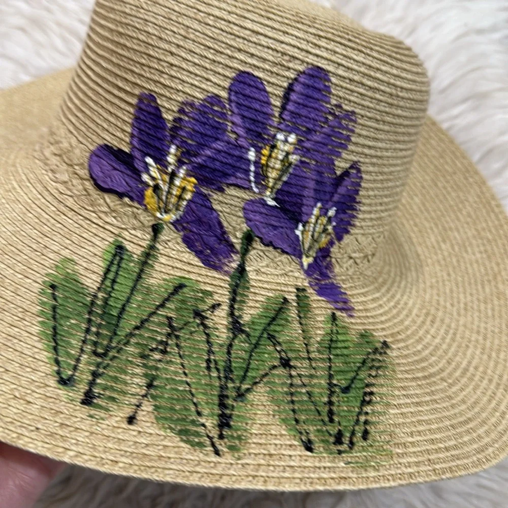 Joy Susan Hand Painted Woven Paper Floral Brim Sunhat OS‎